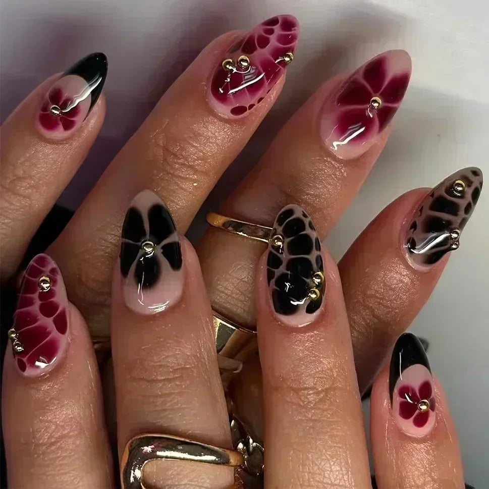 3D Flowers Gold Bead Lace White Daisy Bowknot Long Pointed Fake Nails Art Almond False Nails Press on Nails Charms Manicure Tool