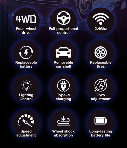 KF30 1:43 4WD Drift Racing Car With Gyroscope Speed Adjustment Real Lighting Control and Damping High Speed RC Cars For Kids Toy.