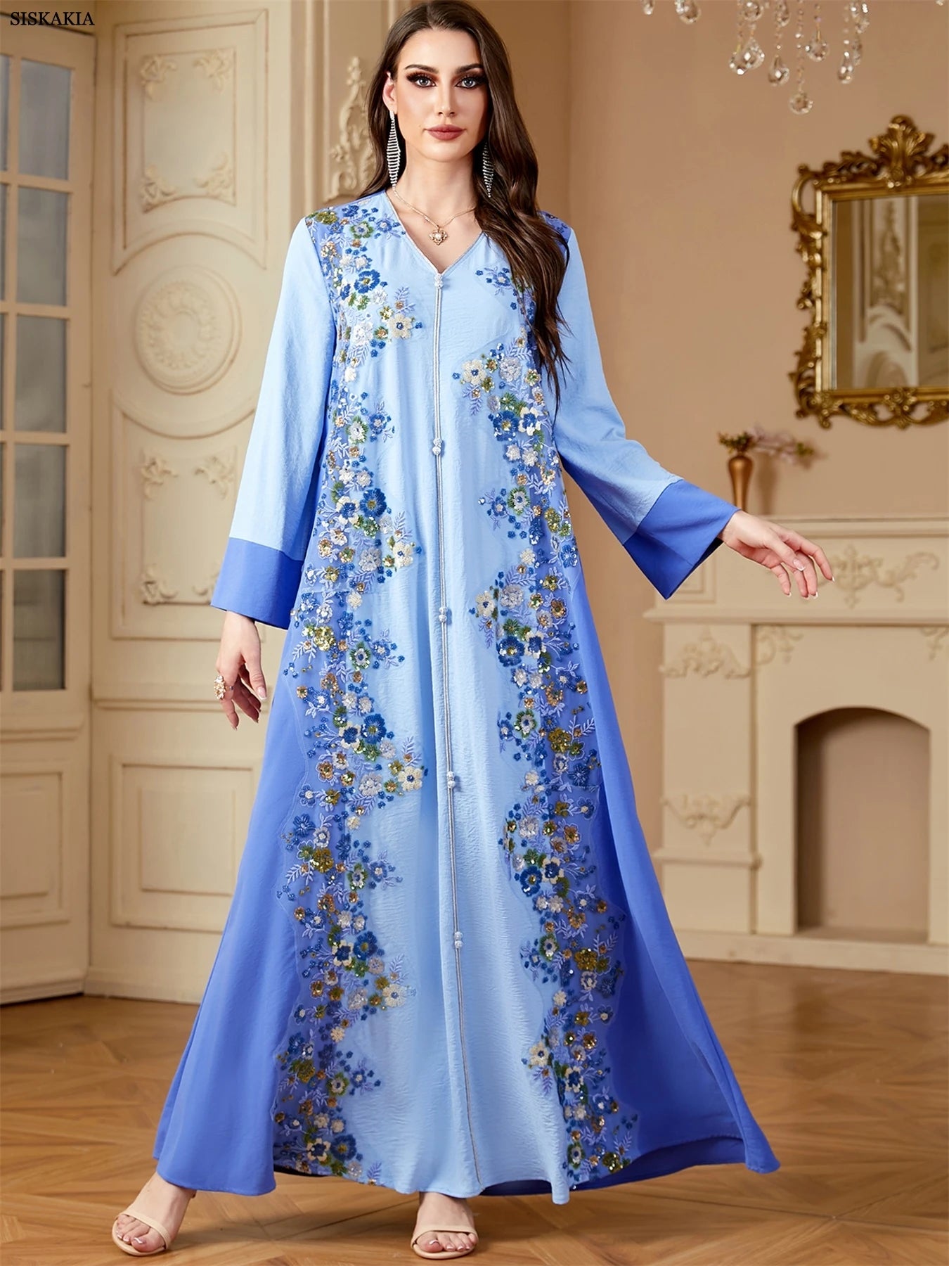 Siskakia Ramadan Dubai Woman’s Abayas Embroidered Sequin Floral Patter V-Neck Elegant Casual Kebaya Muslim Moroccan Long Dress.