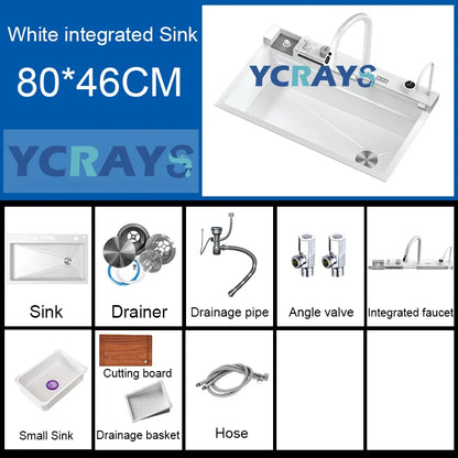 YCRAYS White Nano Kitchen Sink Large Single Slot Waterfall Integrated Digital Display Faucet Soap Dispenser Cup Washer Pure Tap