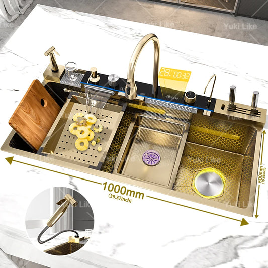 Golden Stainless Steel Waterfall Kitchen Sink Gold Embossed Extra Large Single Slot Digital Display Dishwashing Basin 100x50cm