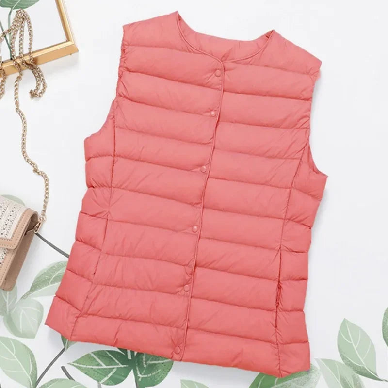 2023 Neuankömmlinge Herbst Winter warme Frauen ärmellose Daunen futter Taillen mantel weibliche ultraleichte weiße Enten Daunen weste Jacken.