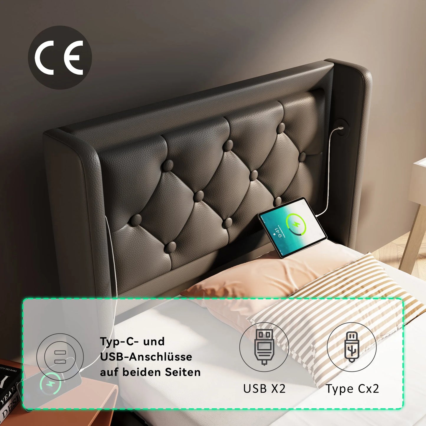 Merax Polsterbett 90x200 Einzelbett USB C Kopfteil 3seitige LED Hydraulik Stauraumbett Schwarz PU