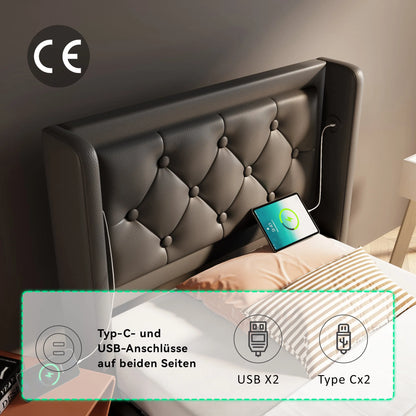 Merax Polsterbett 90x200 Einzelbett USB C Kopfteil 3seitige LED Hydraulik Stauraumbett Schwarz PU