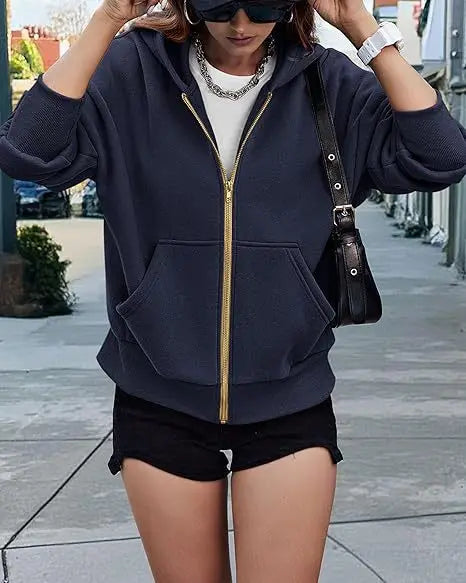 New Solid Color Zipper Splicing Hooded Coat, Women's Autumn Leisure Loose Sports Hooded Long Sleeve Coat Sweatshirt.