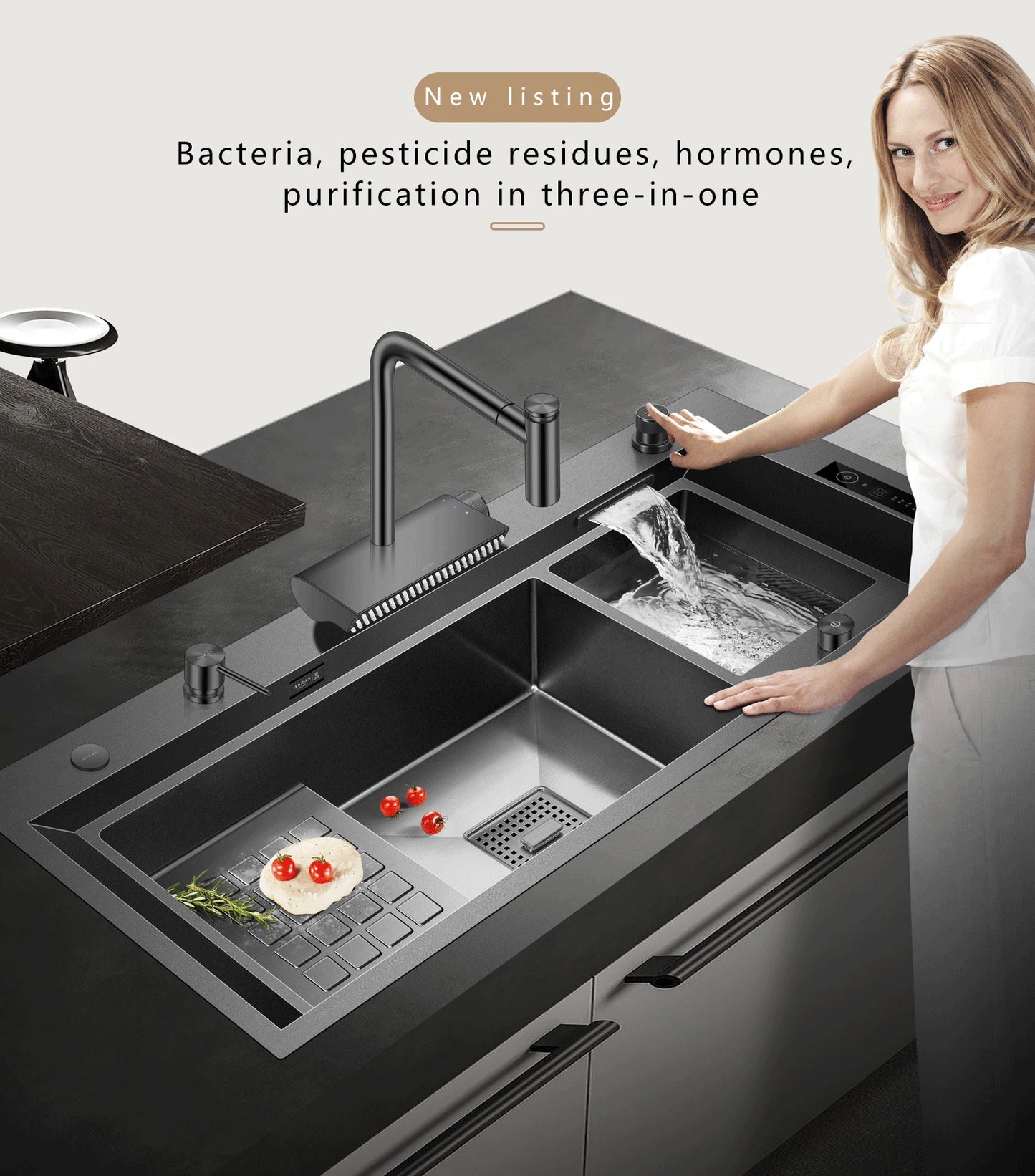 ASRAS high-quality 304 stainless steel multifunctional kitchen sink intelligent food purification large-sized sink nano gray