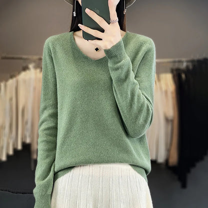 Women 100% Merino Wool Sweater V-Neck Basic Pullover Autumn Winter Cashmere Clothing Long Sleeve Soft Knitwear Tops Solid Color