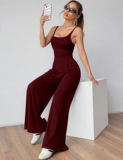 Fashionable Solid Color High Waist Bell Bottom Jumpsuit Backless Strap Casual Women's Long Pants One Piece Suit Female