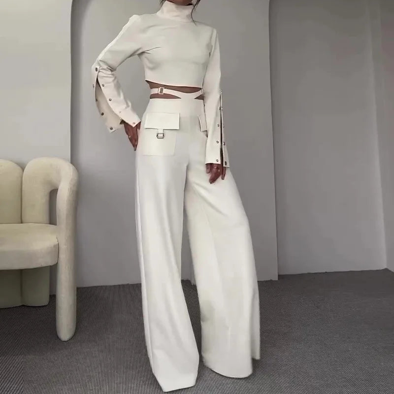 Women Pant Set Work Two Piece Sets Turtleneck Full Sleeve Tops Sexy Wide Leg Long Pants Loose Casual Elegant Matching Sets.