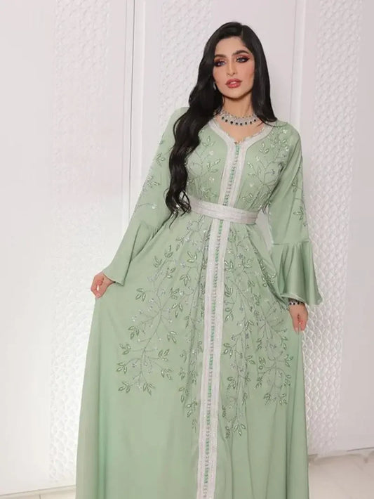 Indien Türkei Muslimischen Abaya Kleider Frauen Elegante Diamant Hochzeit Abend Party Kleid Spitze Gürtel Abaya Marokko Kaftan Robe