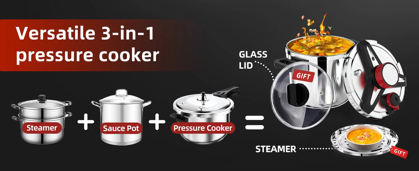 KITCHJOY 3in1 Stainless Steel Pressure Cooker 6L 8L 10L 12L Pressure Canner Induction Compatible Glass Lid Steamer Rack Included.