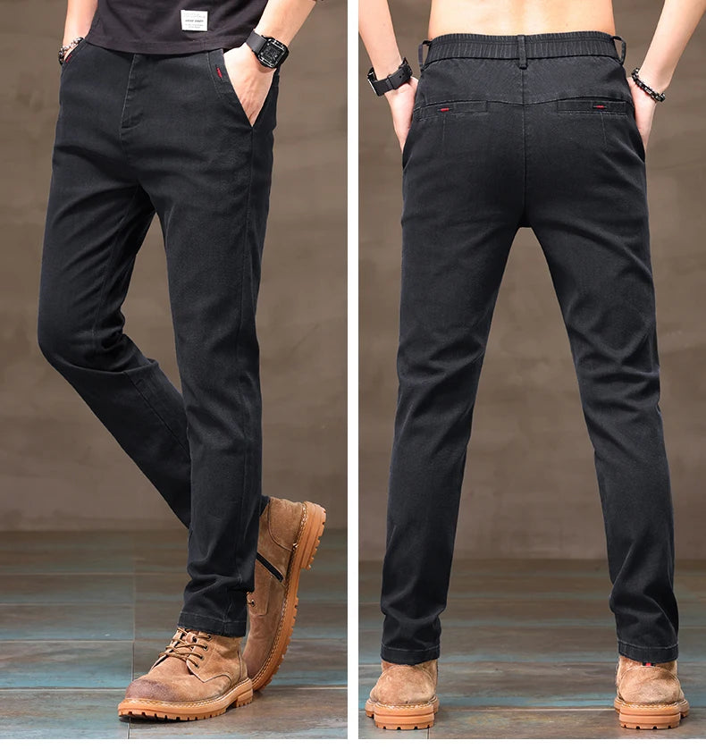 Men's Business Casual Pants Stretch Slim Fit Straight Semi-elastic Waist Trousers Solid Classic Office Work Male Clothing.