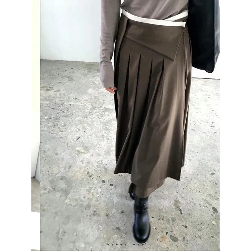 Elegant Pleated Midi Skirt Women Fashion Patchwork Asymmetrical Skirts Summer Office Ladies Korean Casual Design A Line Faldas.