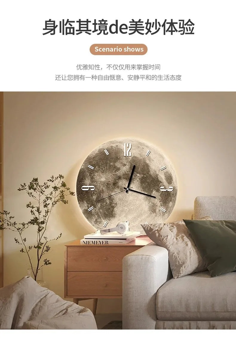 20-Zoll-Mode-Wanduhr, Esszimmer, Wohnzimmer, Mond, die Erde, Modellierung, LED-Licht, geräuschloses Uhrwerk, Schlafzimmeruhr, Wanddekoration