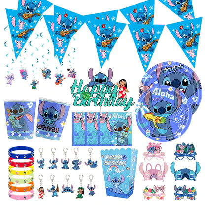 Stitch Party Supplies für Kinder Lilo und Stitch Geburtstag Party Dekorationen Luftballons Banner Tischdecke Hintergrund Geschirr.