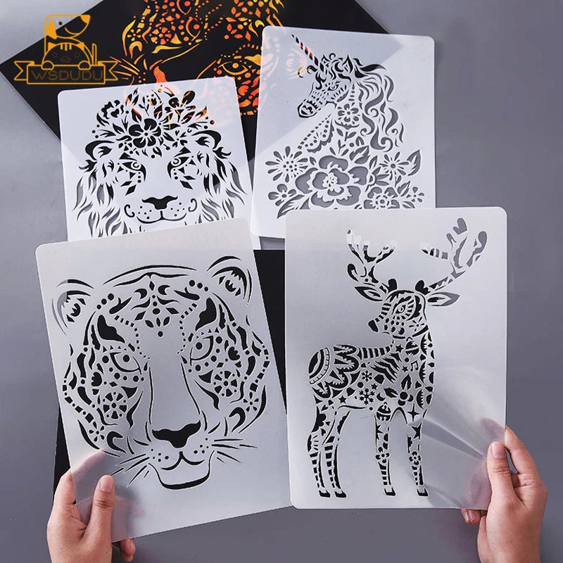 Scratch Art Paper Set 10 Sheets 5 Stencil Templates World Landmarks Animal DIY Kit Creative Painting Craft Magic Toy Kids Gift.