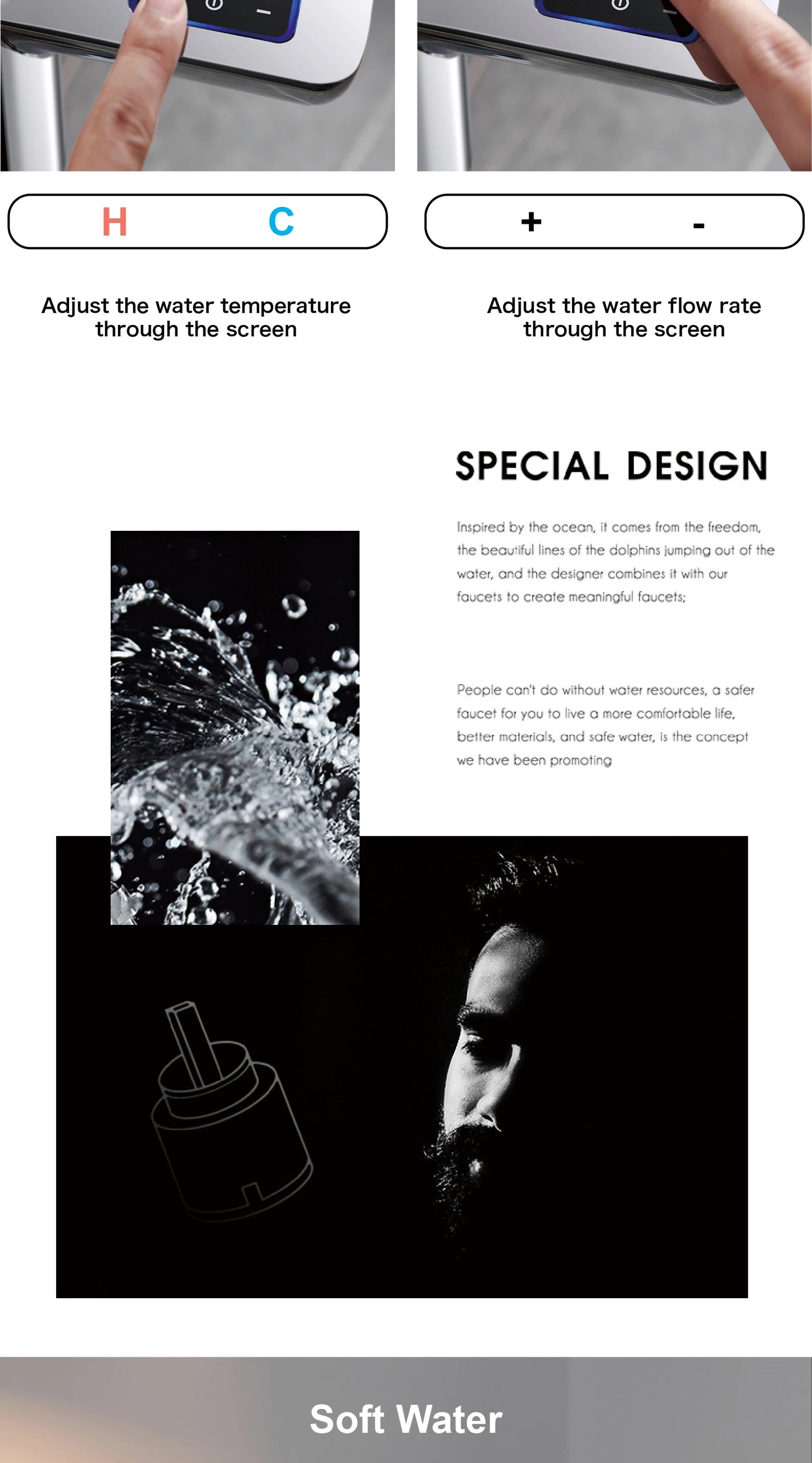 Luxury brass gun gray sensing kitchen faucet LED display touch switch hot&cold water pull-out purified water 2 function sink Tap