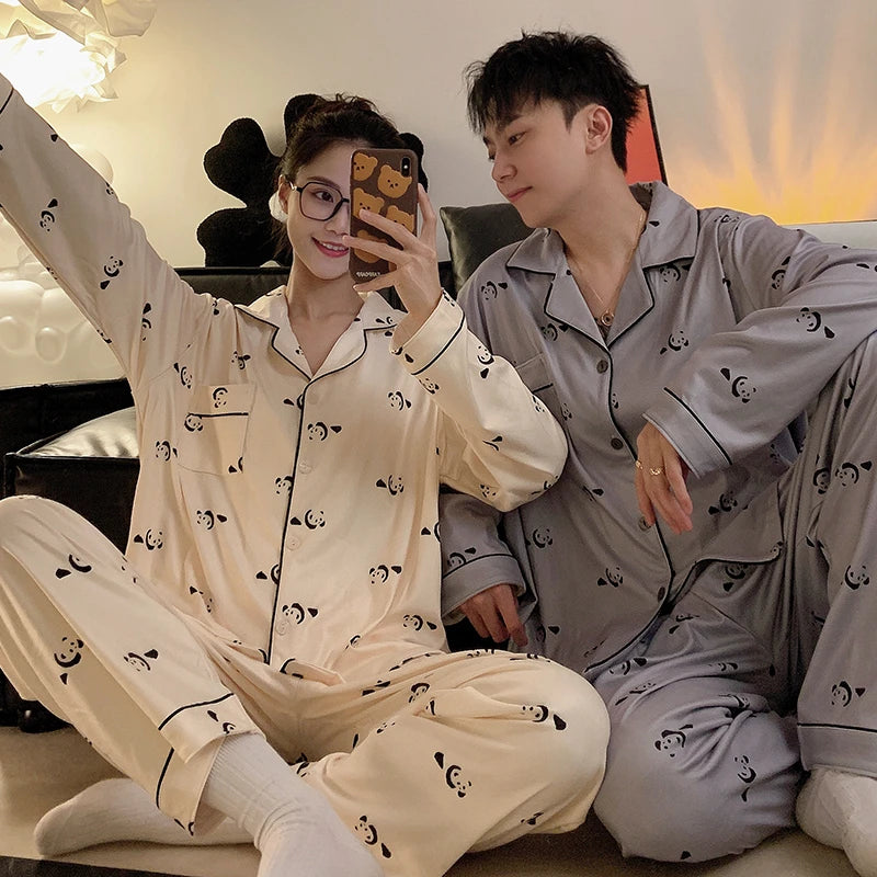 Pajamas Women Pajama Man Set Cotton Plus Size Spring Autumn Long-sleeved Korean Cardigan Casual V-neck Nightwear Couple Pyjamas.