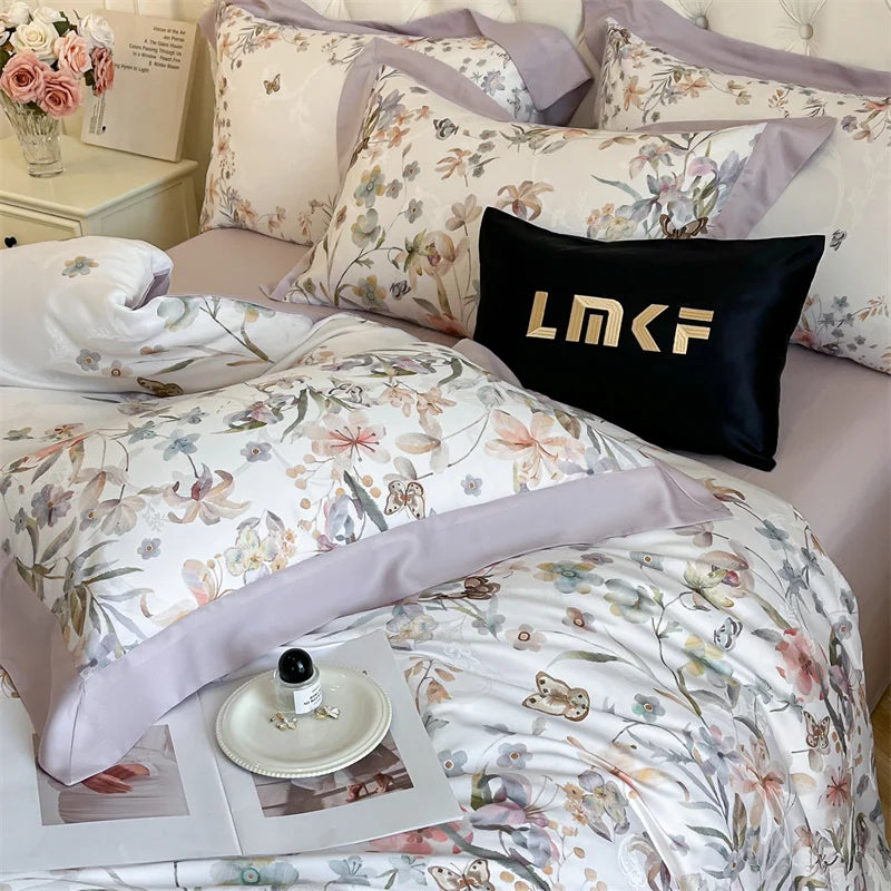 Flowers Prints Bedding Set Lyocell Eucalyptus Fiber Super Soft Silky Cool Feeling Duvet Cover Bed Sheet/Fitted Sheet Pillowcases.