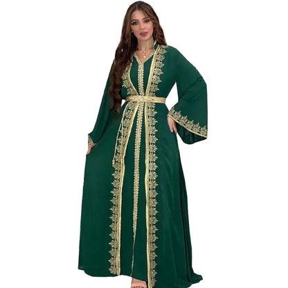 Eid Muslim Women Party Dresses Jalabiya 2 Piece Set Embroidery Arab Long Robe Ramadan Morocco Dubai Abayas Islam Vestidos Kaftan.