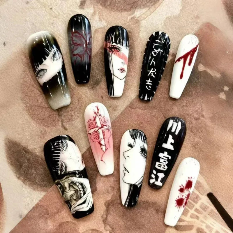 24Pcs Fake Nails Dark Sweet and Edgy Style Pain Nails Anime-Inspired Press-On Nail Tips Perfect Gift for Girls and Friends.