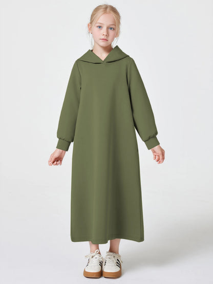 Ramadan kebaya Muslim Girls Abaya Middle East Autumn and winter solid color warm hoodie V-neck Hooded Loose Kids Kebaya Dress.