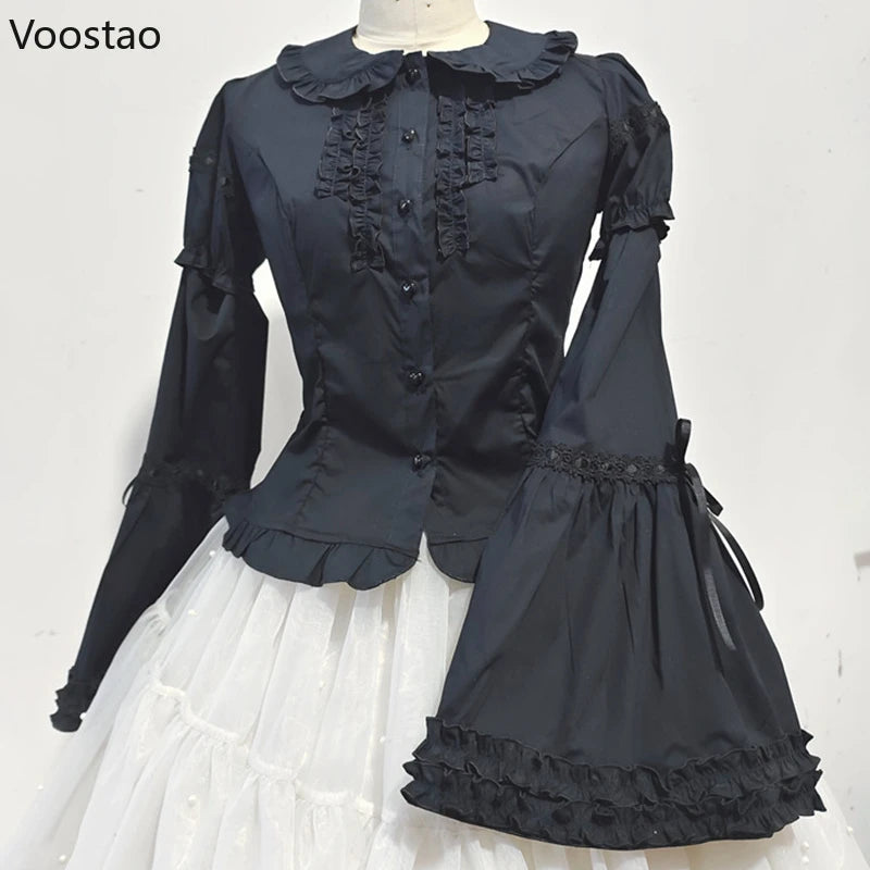 Victorian Gothic Lolita Shirts Women Sweet Elegant Detachable Long Sleeves Blouses Japanese Vinatge Peter Pan Collar Slim Tops.
