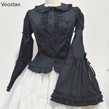 Victorian Gothic Lolita Shirts Women Sweet Elegant Detachable Long Sleeves Blouses Japanese Vinatge Peter Pan Collar Slim Tops.