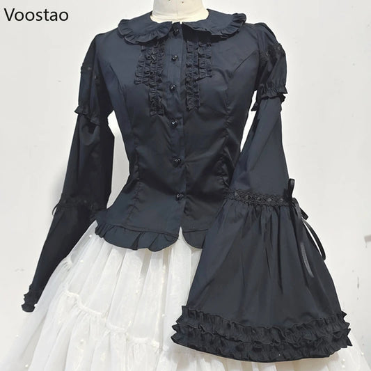 Victorian Gothic Lolita Shirts Women Sweet Elegant Detachable Long Sleeves Blouses Japanese Vinatge Peter Pan Collar Slim Tops.