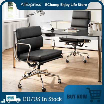 Verstellbarer Bürostuhl aus echtem Leder mit Lordosenstütze, Legierungsarmbasis, Chefsessel, ergonomische Schreibtisch-Computerstühle