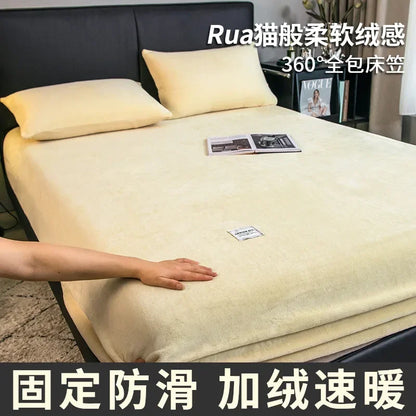Warm Plush Fitted Sheet Elastic Mattress Cover Fluffy Velvet Fleece Bed Linen Couple Thermal Double Bed Not Included Pillowcase