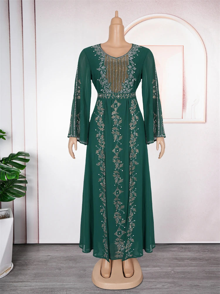 Elegante Frauen Abendkleid Langarm Chiffon Maxi Roben Luxus Diamant Party Kleider Dubai Türkei Abayas Kaftan Marocaine Femme.