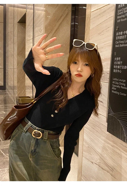 2023 herbst Winter Frauen Pullover Beiläufige Dünne Taste Gestrickte Pullover Pullover Femme Grundlegende Solide Jersey Tops Mode Kleidung