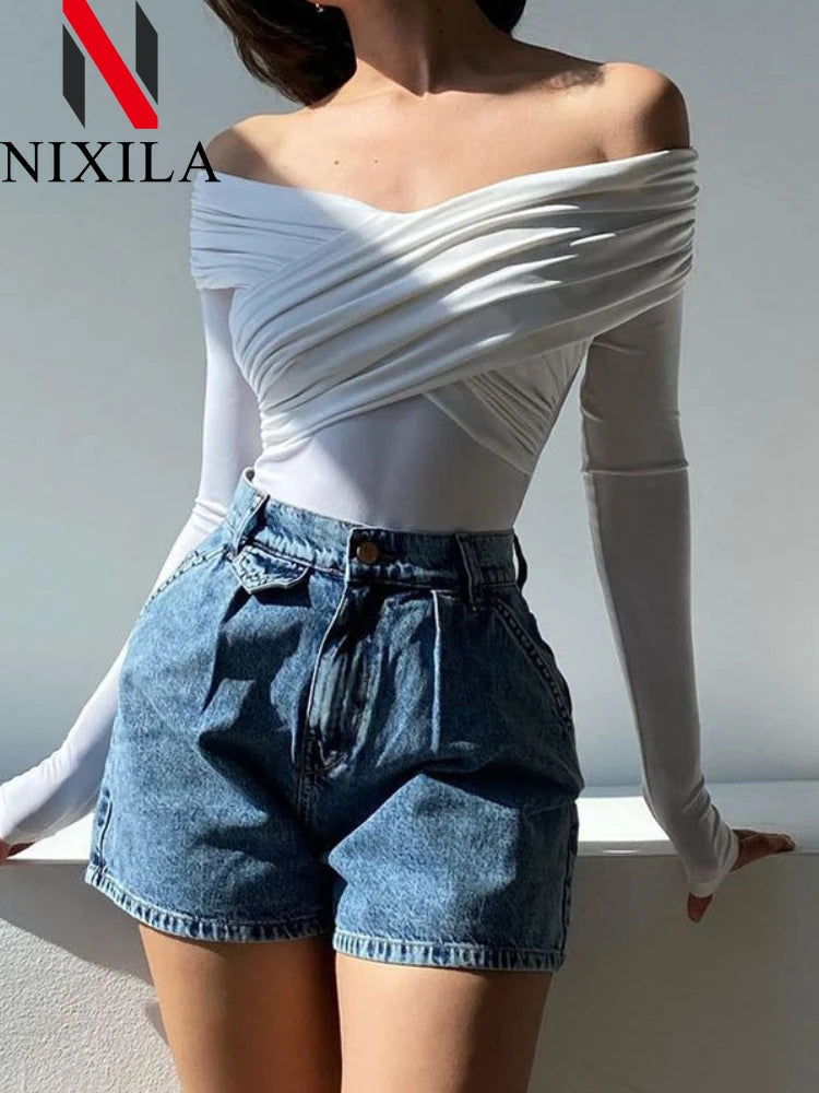 New Summer One Shoulder Jumpsuit Women‘s Bodysuit Long Sleeve Bodycon Tops Sexy Off Shoulder Skinny T-Shirts Playsuits for Women.
