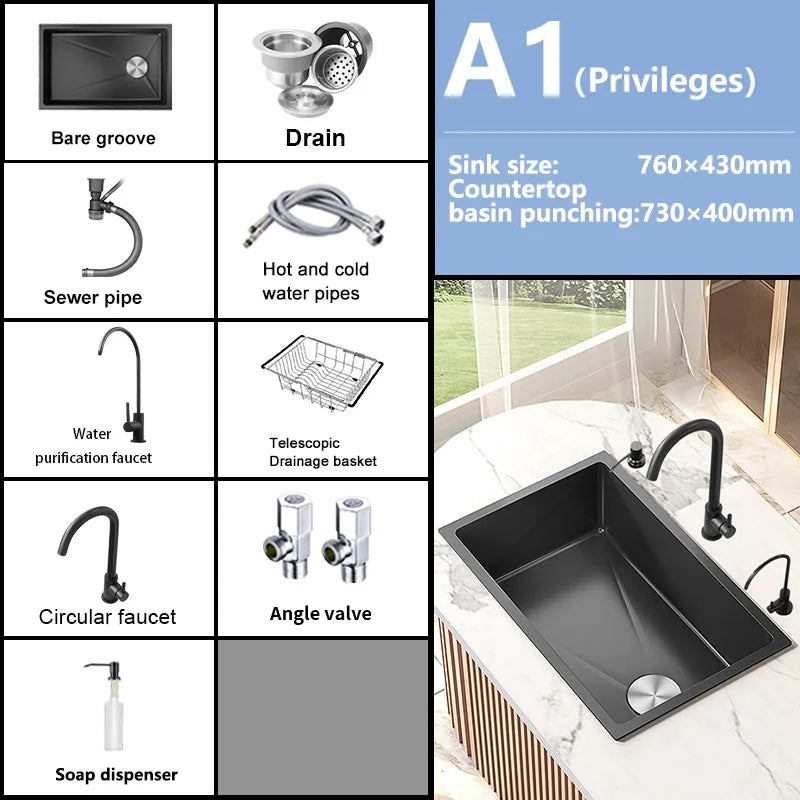 Black Stainless Steel Kitchen Sink Waterfall Sink dishwashing Basin Large Single Sink Household Sink Under The Counter Sink