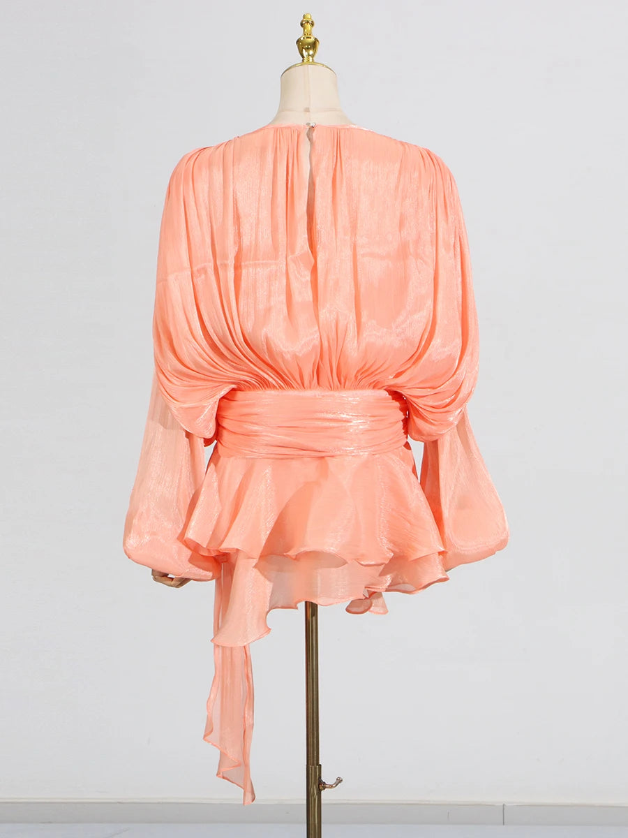 GALCAUR Solide Lose Splicd Lace Up Kleider Für Frauen V-ausschnitt Mit Langen Ärmeln Patchwork Rüschen Tunika Kleider Weibliche Mode Neue