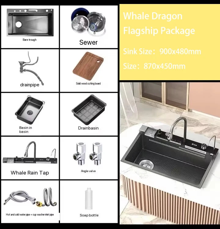 Heißer verkauf Edelstahl Wasserfall Küche Waschbecken Mit Messer Halter Digital Display Wasserhahn Set Geprägte Extra Große Einzigen Slot