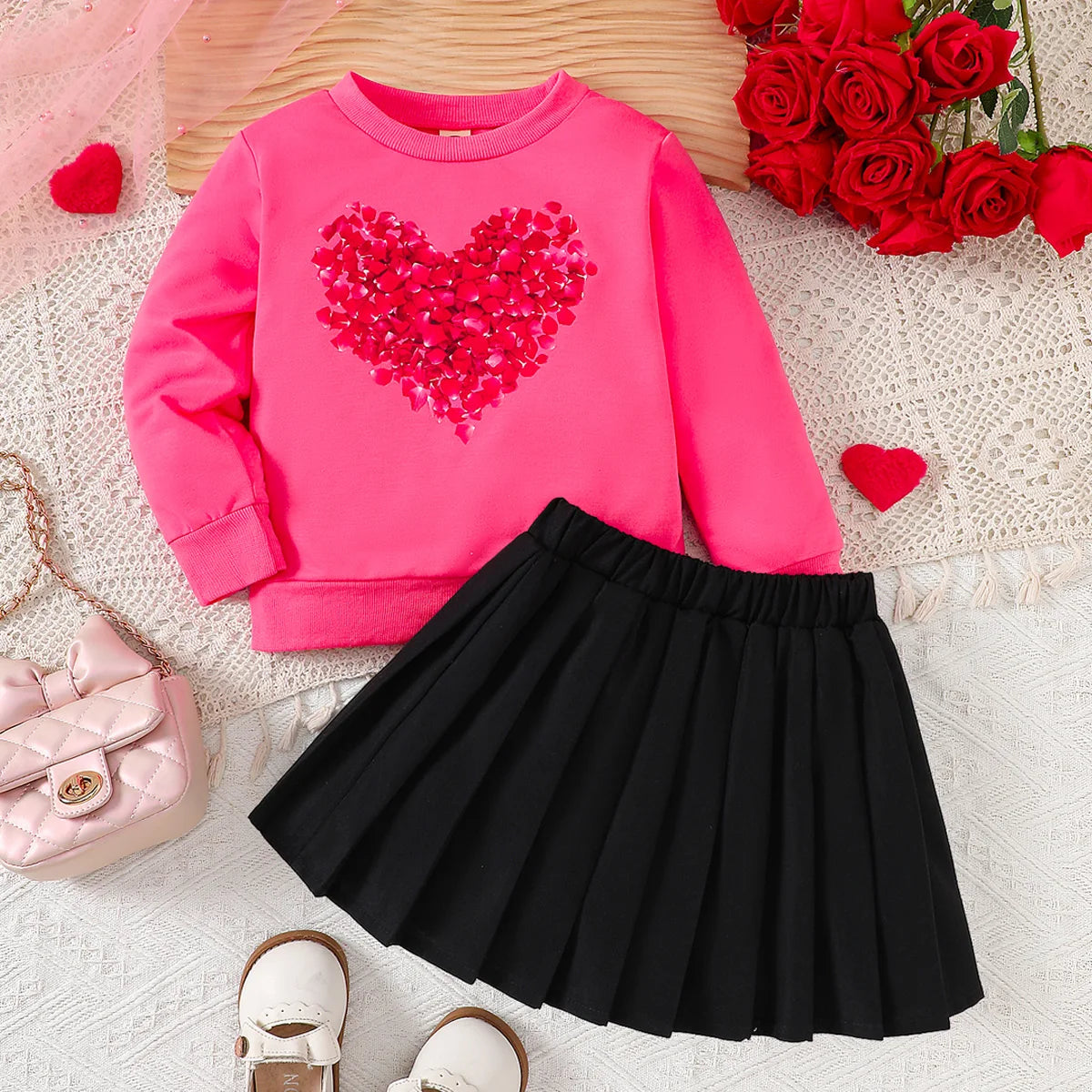Spring 3-10y Kids Girls Clothes Heart Printing Tops Pleated Skirt 2pcs Sets Children's Outdoor Daily Wear Valentine's Day Gift.
