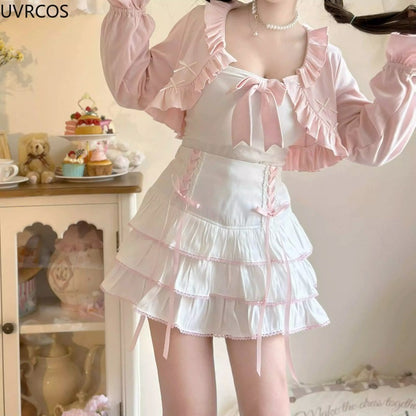 Japanese Kawaii Lolita Style Pleated Skirts Women High Waist Pink Bandage Fairy Y2k Aesthetic Skirt Cute Faldas Mujer Moda 2024