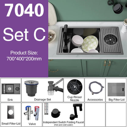 ASRAS Nano Black Small Size Kitchen Sink Cup Washer Hidden Bar Counter Cover Concealed Single Bowl Sinks With Lifting Faucet