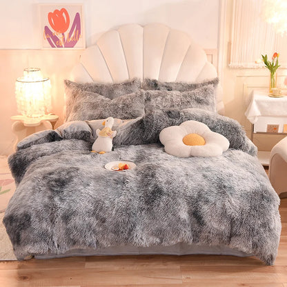 3Pcs Super Shaggy Coral Fleece Warm Cozy Princess Bedding Set Mink Velvet Duvet Cover Set Bed Comforter Cover Blanket Pillowcase