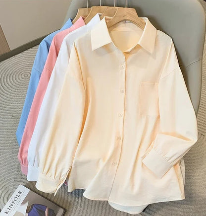 Plus Size Women's Blouses 2025 Spring Autumn Simple Lady Shirts Long Sleeve Big Pockets Shirt Loose Casual Tops.