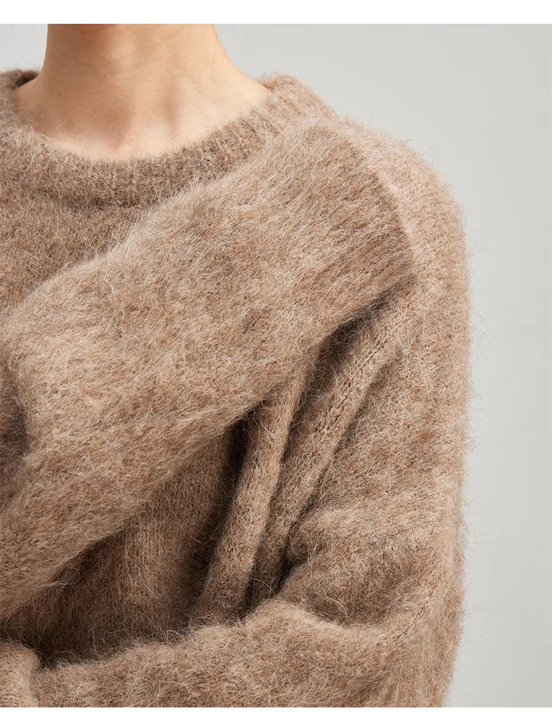 SuyaDream Warm Alpaca Pullovers for Woman, Dropped Sleeved Loose Sweaters, 2025 Fall Winter Top, Camel, Beige.