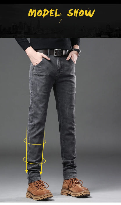 New Pure Gray Korean Slim Jeans Men's Stretch Tight Trendy Jean Trousers Branded Streetwear Comfortable Man Clothing Pants.