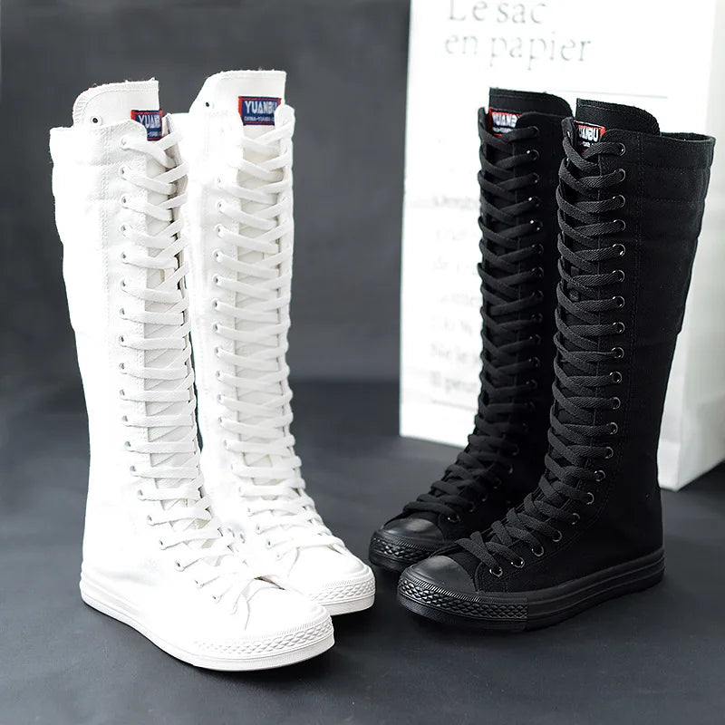 Women Shoe Canvas Casual High Top Shoes Long Boot Lace-Up Zipper Comfortable Flat Boot Sneakers Tenis Feminino Spring Autumn.