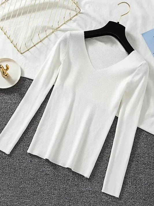 2025 mode V-ausschnitt Elastische Grundlegende Top Neue Frauen Pullover Herbst Winter Langarm Pullover Weibliche Winter Solide Strick Jumper