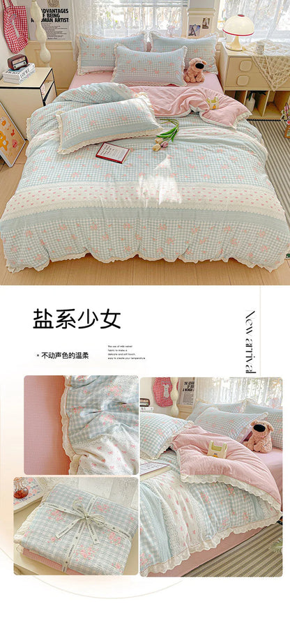 2025 new small fresh printing French lace lace double four-piece set bedding wrinkled yarn student three-piece set