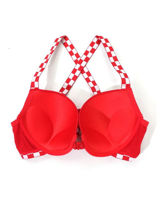 Beauwear Contrast Color Plaid Bras for Women Front Closure Bra with Wire Push Up Bra with Pad.