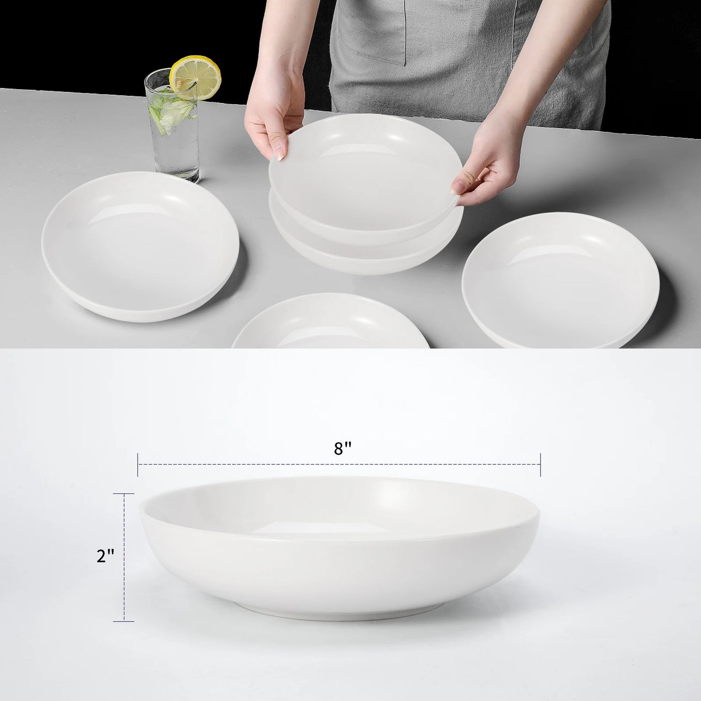 Pasta Bowls, 6 Pack 8 Inch Salad Bowl Set, Kitchen Porcelain Pasta Plates, Large Ceramic Shallow Bowls for Serving Dinner Noodle.