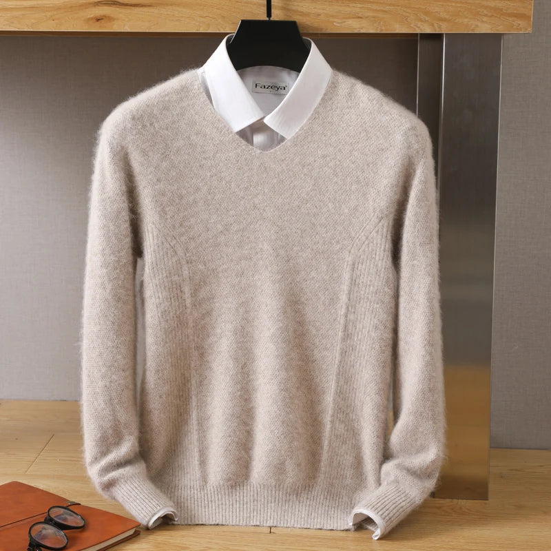 Men's 100% Pure Mink Cashmere Sweater V-Neck Pullovers Knit Large Size Mink Sweater Winter New Tops Long Sleeve High-End Jumpers